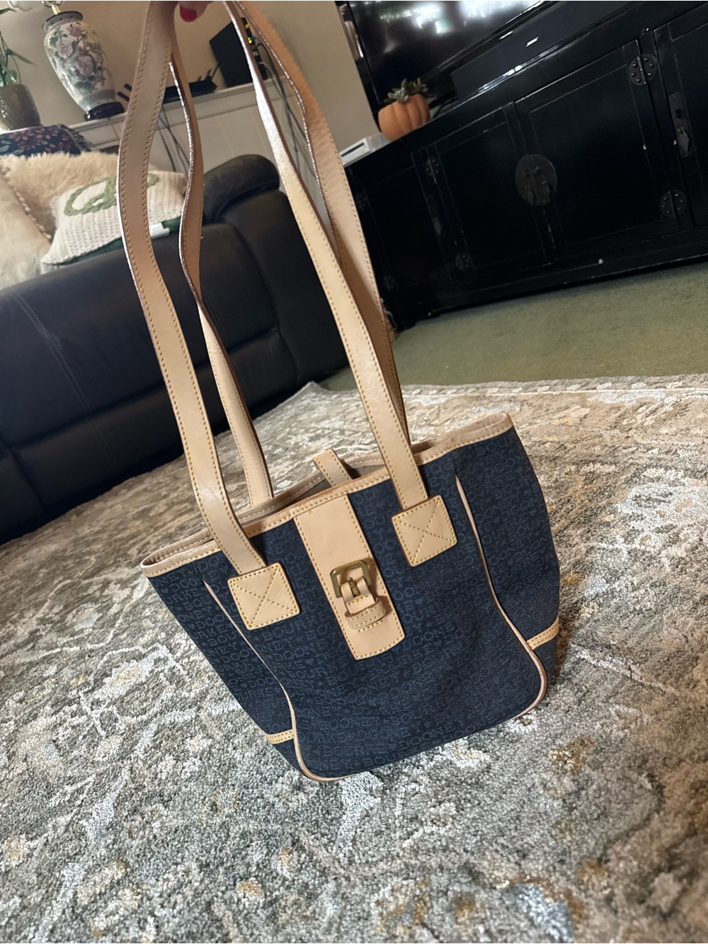 Vintage Dooney & Bourke Navy Canvas Shoulder Bag with Tan Leather Trim